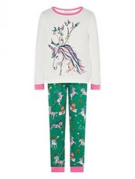 Monsoon Girls Christmas Unicorn Jersey Pyjamas - Green