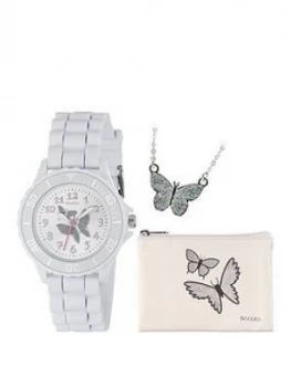 Tikkers Tikkers Silver Butterfly Dial White Silicone Strap Watch With Purse And Necklace Kids Gift Set