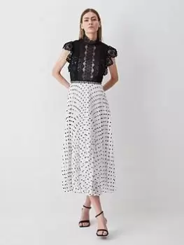 Karen Millen Lace Pleated Skirt Midi Dress - Monogram, Multi, Size 10, Women