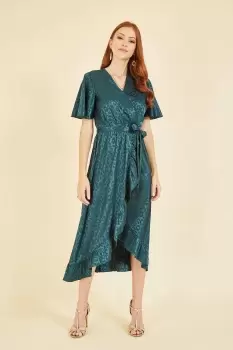 Green Jacquard Leopard Print Wrap Midi Dress