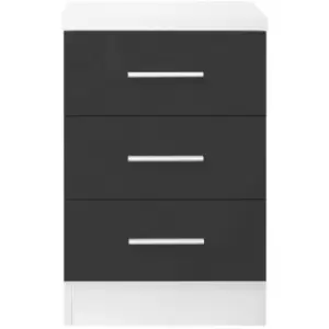 Dark Grey Gloss 3 Drawer Tall Bedside Cabinet Table Matt White Frame - Grey