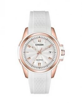 Citizen Eco-Drive White And Rose Gold Date Dial White Silicone Strap Ladies Watch