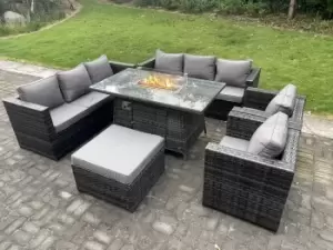 9 Seater Outdoor PE Rattan Garden Furniture Set Gas Fire Pit Dining Table Gas Heater Burner Dark Grey