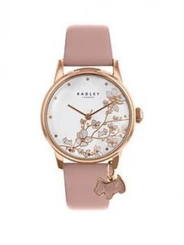 Radley Botanical Floral White And Rose Gold Dog Charm Dial Pink Leather Strap Ladies Watch