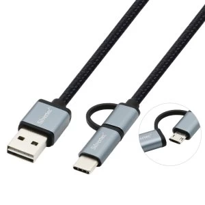 Silvertec 2 In 1 Reversible USB A Male to Micro USB + USB-C TCM-10 (1M) - Black