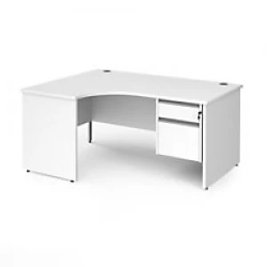 Dams International Left Hand Ergonomic Desk with 2 Lockable Drawers Pedestal and White MFC Top with Silver Panel Ends and Silver Frame Corner Post Leg