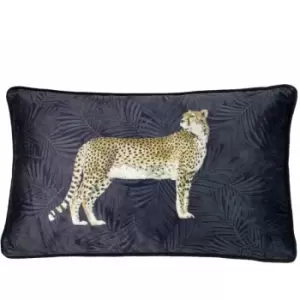 Paoletti - Cheetah Forest Faux Velvet Piped Cushion Cover, Navy, 30 x 50 Cm