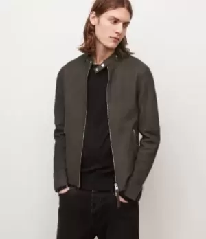 AllSaints Mens Cora Leather Bomber Jacket, Grey, Size: XS
