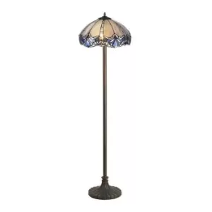 2 Light Stepped Design Floor Lamp E27 With 40cm Tiffany Shade, Blue, Clear Crystal, Aged Antique Brass - Luminosa Lighting