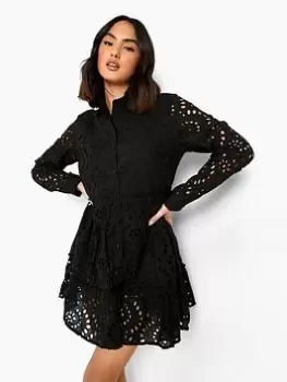 Boohoo Broderie Tiered Shirt Dress - Black, Size 16, Women