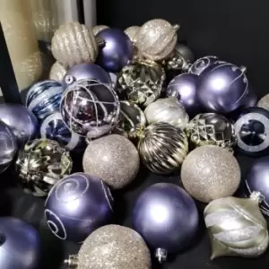 Festive - Set of 52 pc 65mm Mixed Purple Champagne Gold Silver Glitter Matte Christmas Tree Baubles with String