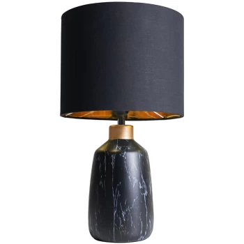 Black Marble Effect Table Lamp With Fabric Drum Lampshade - Black & Gold