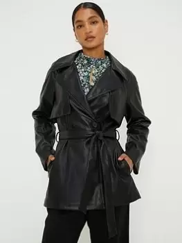 Dorothy Perkins Faux Leather Short Trench Coat - Black Size M Women