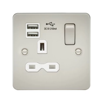 Flat plate 13A 1G switched socket with dual USB charger (2.1A) - pearl with white insert - Knightsbridge