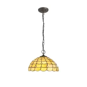 3 Light Downlighter Ceiling Pendant E27 With 40cm Tiffany Shade, Beige, Clear Crystal, Aged Antique Brass