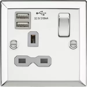 KnightsBridge 13A 1G Switched Socket Dual USB Charger Slots with Grey Insert - Bevelled Edge Polished Chrome