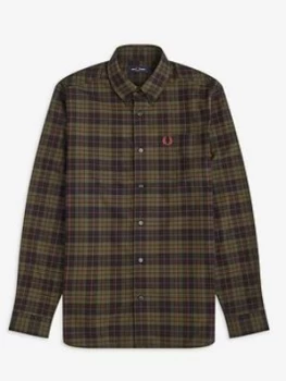 Fred Perry Brushed Tartan Oxford Shirt, Green Check, Size S, Men