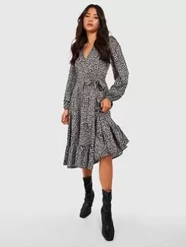 Boohoo Animal Ruffle Wrap Midi Dress - Black, Size 8, Women
