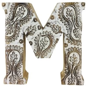 Letter M Hand Carved Wooden White Flower