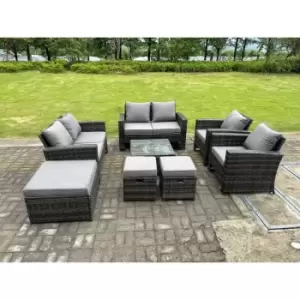 Fimous - 9 Seater Dark Grey Mixed High Back Rattan Sofa Set Coffee Table Garden Furniture Outdoor 3 Stools