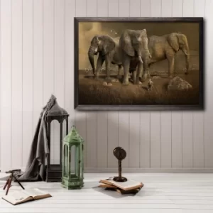 Elephant Horde Multicolor Decorative Framed Wooden Painting