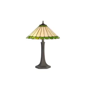 2 Light Octagonal Table Lamp E27 With 40cm Tiffany Shade, Green, Crystal, Aged Antique Brass