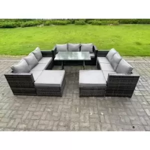 11 Seater Wicker pe Rattan Outdoor Furniture Lounge Sofa Garden Dining Set with Dining Table 2 Big Footstools Dark Grey Mixed - Fimous