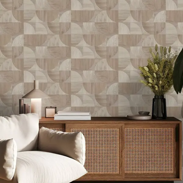 Sublime - Wood Round Shapes Geometric Natural Wallpaper - White
