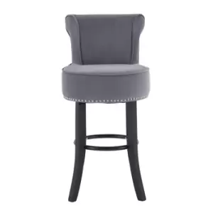 Bar Chair in Grey Velvet & Stud Detail with Black Tropical Hevea Wood Legs