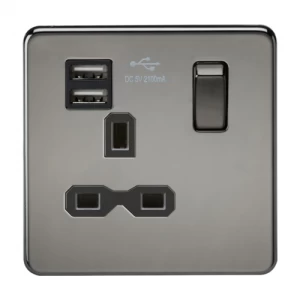 KnightsBridge 13A 1G Screwless Black Nickel 1G Switched Socket with Dual 5V USB Charger Ports - White Insert