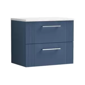 Deco Satin Blue 600mm Wall Hung 2 Drawer Vanity Unit with Sparkling White Laminate Worktop - DPF393LSW - Satin Blue - Nuie