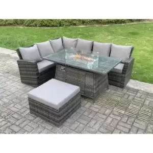 Fimous - 7 Seater Outdoor High Back Rattan Gas Fire Pit Corner Sofa Dining Set Garden Furniture Heater Dining Table Dark Grey Mixed Left Side