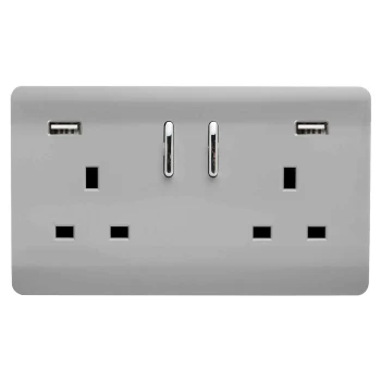 Trendi Switch 2 Gang 13Amp Double Socket & 2 USB Ports - Stainless Steel