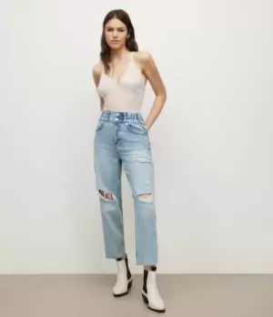 AllSaints Womens Hailey High-Rise Straight Damaged Jeans, Light Indigo, Size: 6