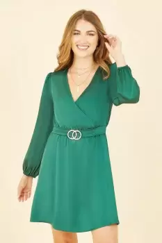 Green Satin Wrap Dress With Long Sleeves and Buckle Waist