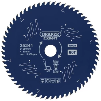 Draper - 35241 Expert TCT Circular Saw Blade for Wood with PTFE Coating 250 x 30mm 60T