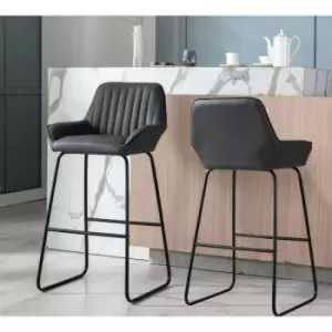 Bar Stools Set of 2 Grey PU Bar Chairs Upholstered Seat with Armrest Black Metal Legs Backrest Dining Stools - grey