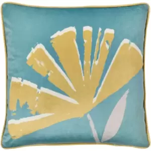 Fusion - Alma Abstract Floral Print Velvet Piped Edge Filled Cushion, Teal, 43 x 43 Cm
