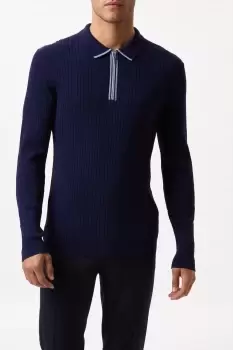 Mens Premium Navy Muscle Fit Tipped Zip Knitted Ribbed Polo Shirt