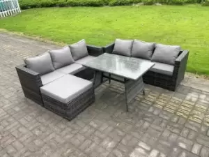 7 Seater Rattan Outdoor Furniture Sofa Garden Dining Set with Oblong Dining Table Big Footstool Dark Grey