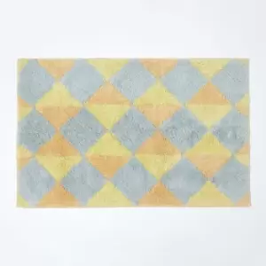 Harlequin Pattern Yellow and Grey Cotton Bath Mat - Yellow - Yellow - Yellow - Homescapes