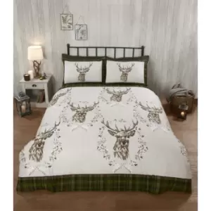 Angus Stag Green King Size Duvet Cover Set 100% Brushed Cotton Reversible Checked Duvet Set - Green