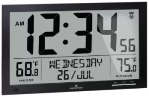 Marathon Clock Slim Atomic Full Calendar Indoor Outdoor Temperature Black