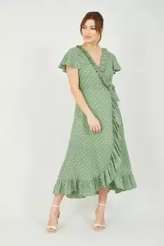 Green Polka Dot Frill Wrap Dress