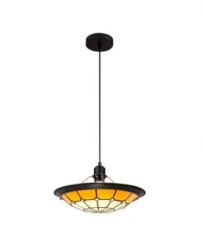 1 Light Ceiling Pendant E27 With 35cm Tiffany Shade, Beige, Clear Crystal Centre, Aged Antique Brass Trim, Black