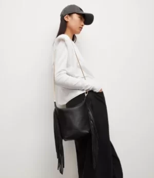 AllSaints Womens Evaline Fringe Crossbody Leather Bag, Black