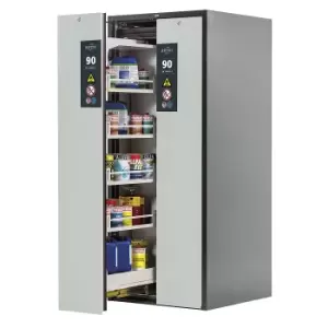 asecos Type 90 fire resistant vertical pull-out cabinet, 2 drawers, 8 tray shelves, grey/grey