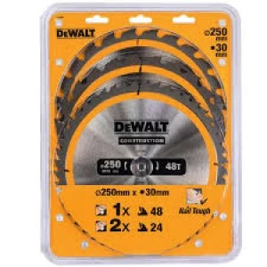 DEWALT 3 Piece 250mm Construction Circular Saw Blade Set 250mm Assorted Teeth 30mm