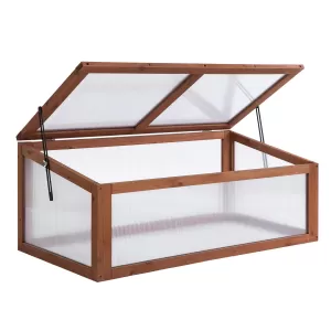 Outsunny Square Wooden Greenhouse for Plants Outdoor with Openable & Tilted Top Cover, PC Board, Brown, 100 x 65 x 40cm