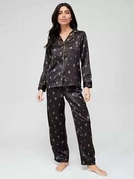 Lauren by Ralph Lauren Satin Crown Print Pyjama - Black Srint, Black, Size S, Women